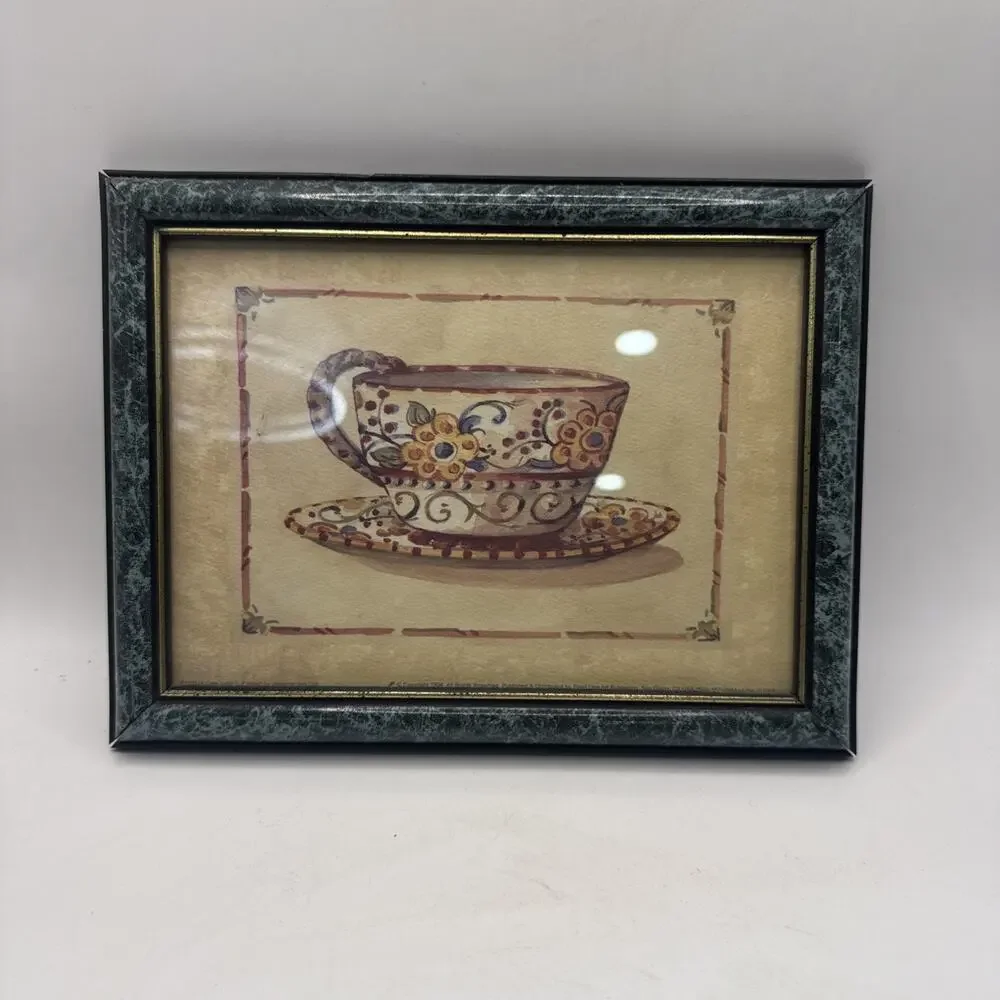 Set of 2 Vintage Signed Teacup & Saucer Framed Art Prints Floral Kitchen Decor *